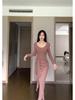 French Pink Knit Tie-Up Dress – Women's High-End Waist-Cinched Long Dress for Autumn/Winter 2025