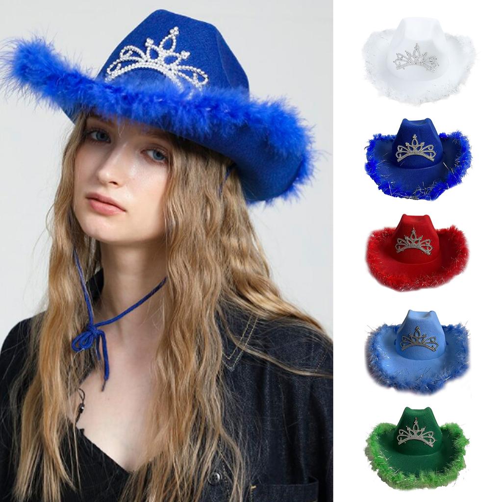 Wedding Party Cowboy Hat Adult Woman LED Feather Tinsel Brim Hat Fedoras Felt Cowboy Hat with Rhinestone Crown Decor