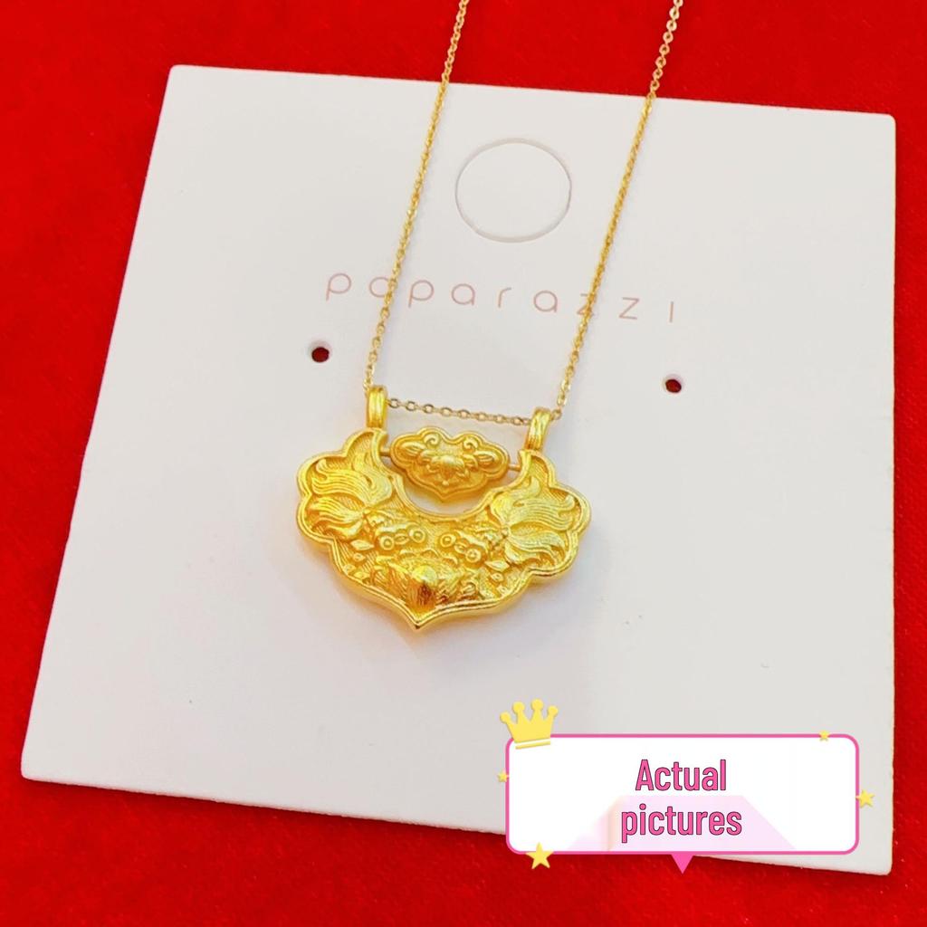 Vietnamese Sand Gold Koi Fish Necklace - Copper Gilded Retro Peace Lock Pendant