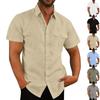 Sommarherrskjorta Kortärmad Enfärgad Patchficka Cardigan Lös Passform Krage Linneskjorta för Herrar