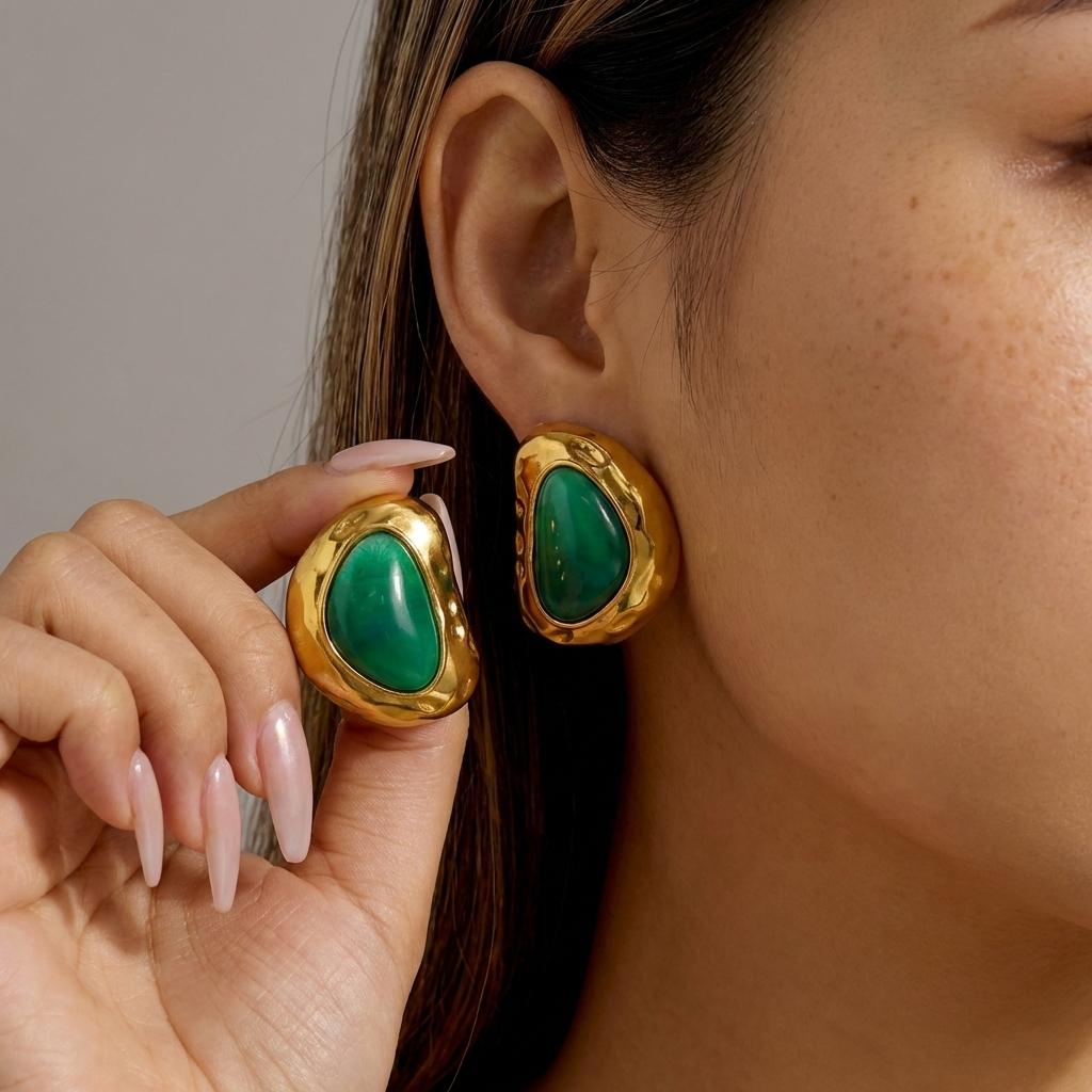 Vintage Chunky Gold Color Stud Earrings for Women Stainless Steel Hammered Molten Metal Green Stone 80s Statement Retro Jewelry