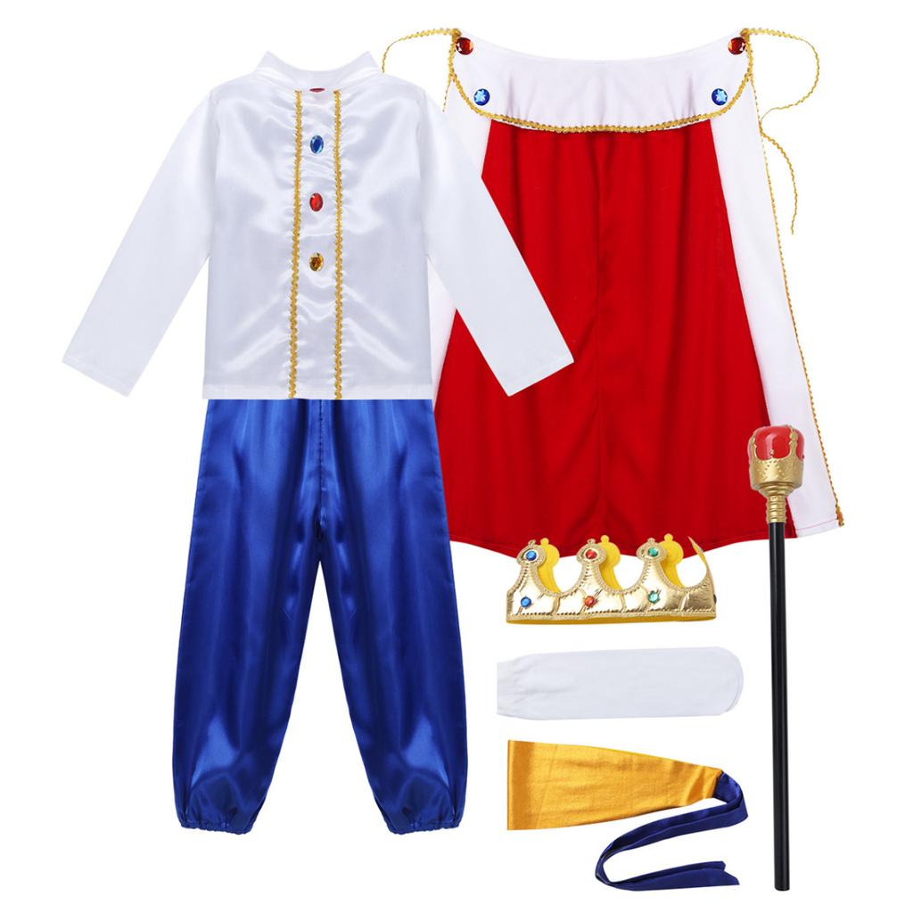 Costume Cosplay da Re Medievale per Bambini Ragazzi Outfit Top con Pantaloni Cintura Mantello Fascia Bastone Calzini Set per Halloween Travestimento