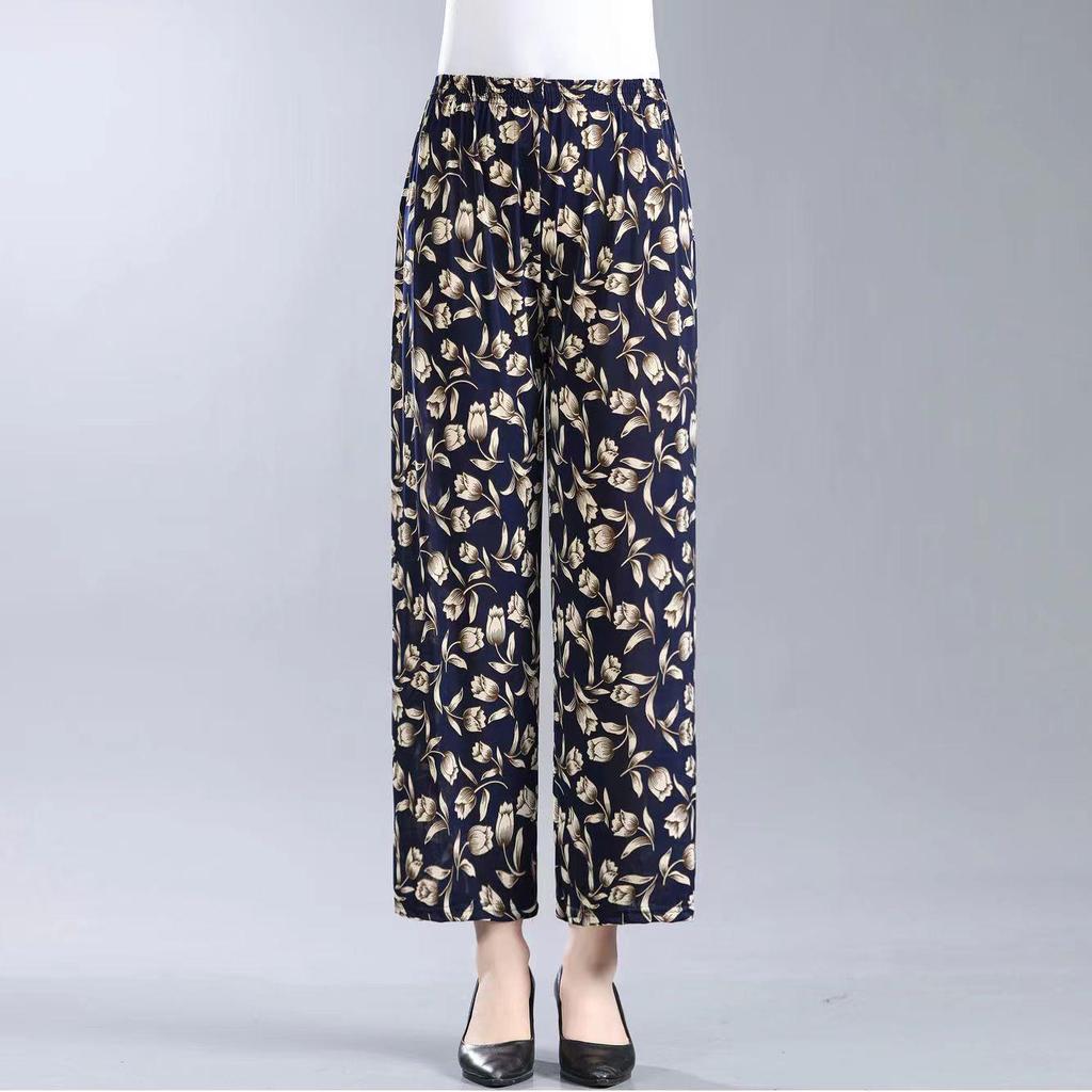 Pantalones Sueltos de Seda Helada de Cintura Alta para Mujer: A Prueba de Mosquitos, Longitud de Nueve Puntos, Talla Grande, Corte Informal