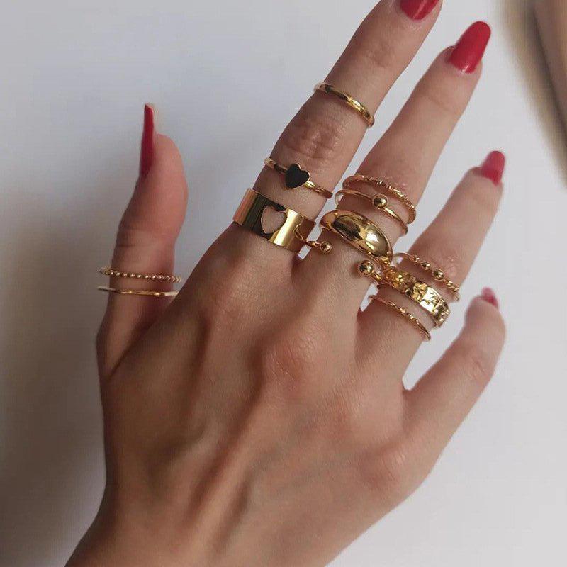 Set di 12 Anelli a Forma di Cuore Colore Oro per Donna Moda Zirconia Cubica Stella Geometrici Anelli da Dito Femminili Semplici alla Moda Gioielli Regali