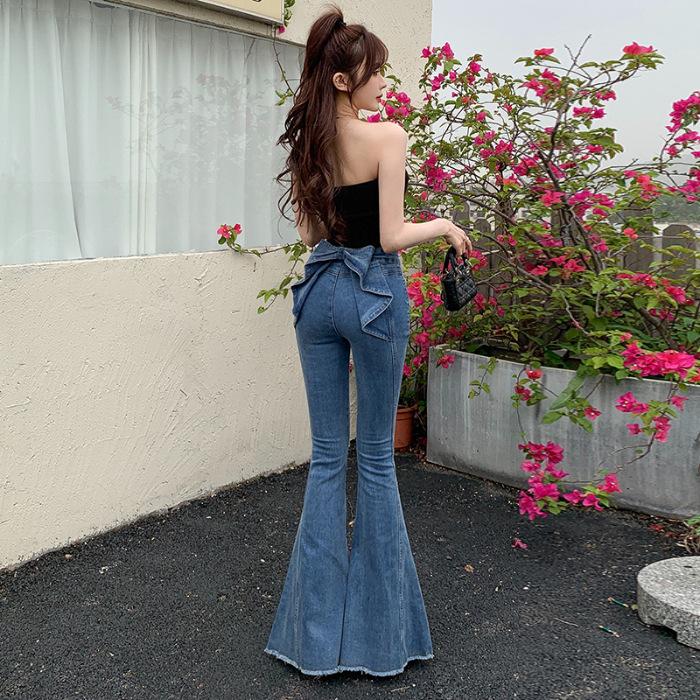 

Three-dimensional bow flared jeans for women, new autumn 2026 model, high-waisted, stretchy, slimming, butt-lifting bell-bottom pants XS синий