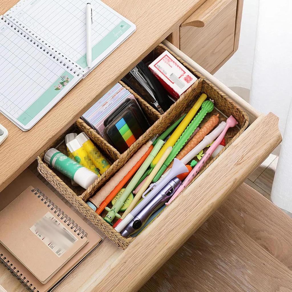 BTSKY Desk Drawer Organizer Tray, Coffee Station Organizer Tea Bag Organizer, Woven Seagrass Storage Basket with 4 Divided Sections Handwoven Wicker