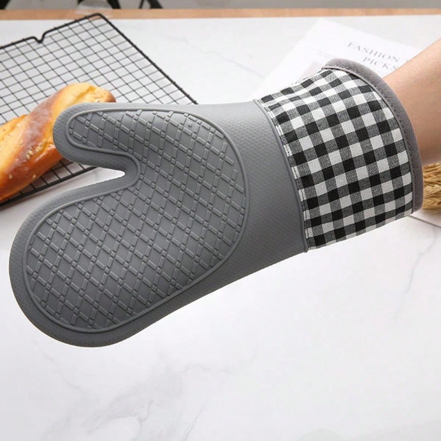 1Pc Thickened Oven Silicone Anti-scalding Glove, Kitchen Supplies, Plaid Printed Gloves Microwave Oven Silicone Thermal Insulation Gloves