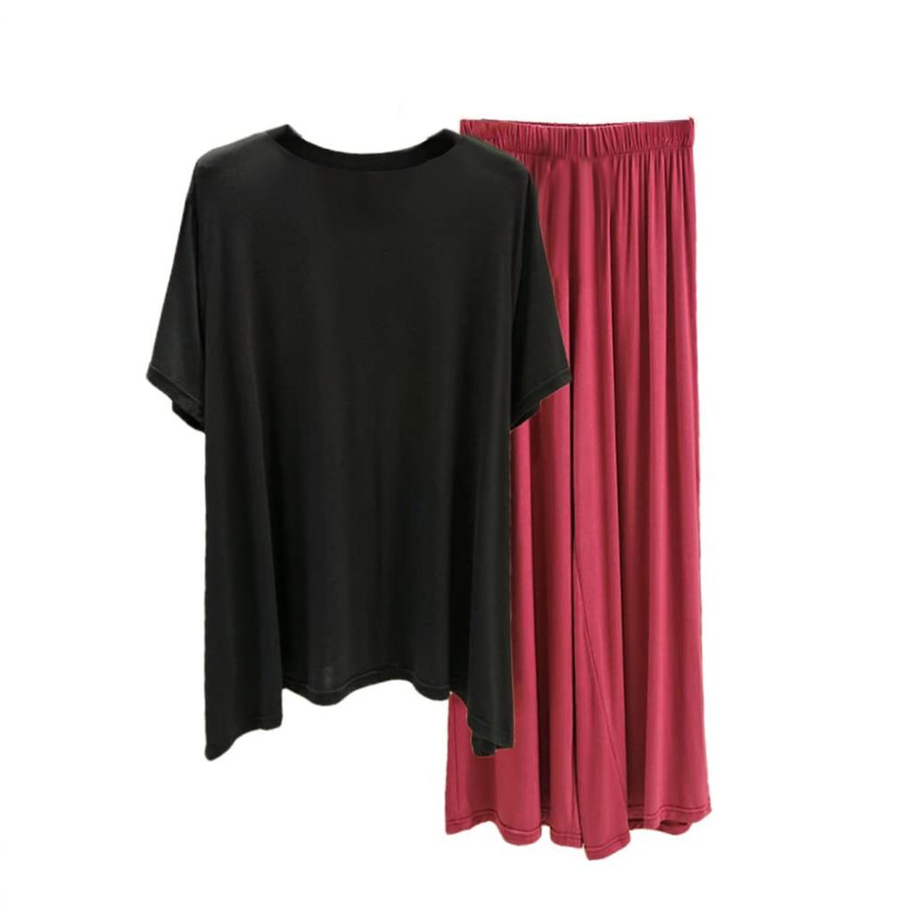 Women's Loose Casual Round Neck Short Sleeved T-shirt Long Pants Set Solid Color Pajamas