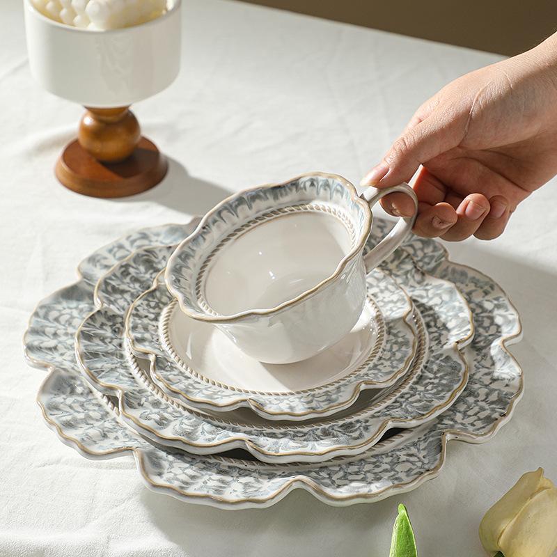 European-Style Relief Ceramic Tableware Set, Household Kiln Change, Retro Western Food Plate, Cup Plate Combination, Steak Pizza Plate, Bone Plate.