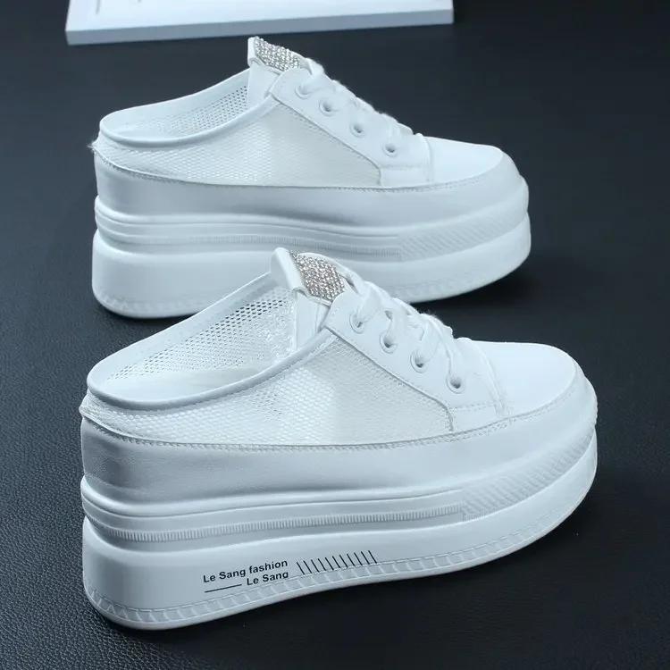 Fashion Summer Thick-soled Inner Heightening Half-drag Canvas Shoes Women's Muffin  A Pedal Lazy Shoes Women Casual Breathable Slippers