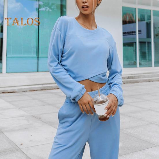 2 stk/sett Dame Topp Buksesett Rund Hals Langermet Uregelmessig Krysskant Genser Ensfarget Elastisk Høy midje Vide ben Bukser Sport Fitness