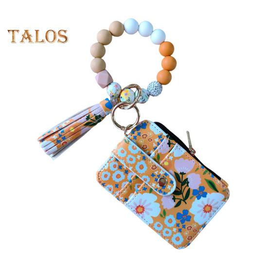 Damen-Geldbörse mit Blumenmuster, Boho-Stil, Münzbörse, Schlüsselanhänger mit Quaste, elastischer Armband-Geldbörse mit Perlen und Sichtfenster für Ausweise, zum Einkaufen, Reisen, Alltag