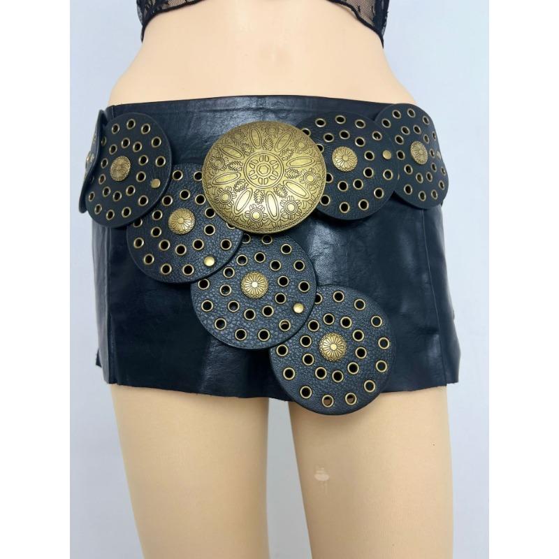 Medieval Spice Girl, Millennium Subculture, Disc Hook, Faux Leather, Retro Riveted, Alloy Belt, Wide Belt