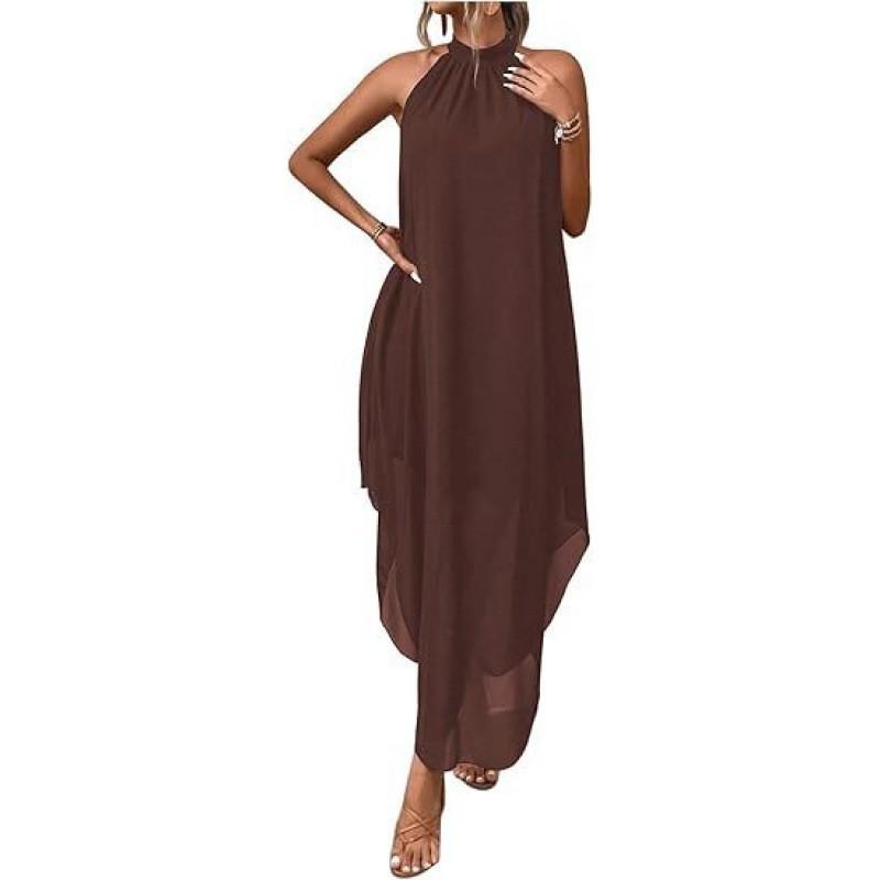 

Wedding Guest Dress Strapless Elegant Solid Color Sleeveless Asymmetrical Bohemian Long Women M коричневый