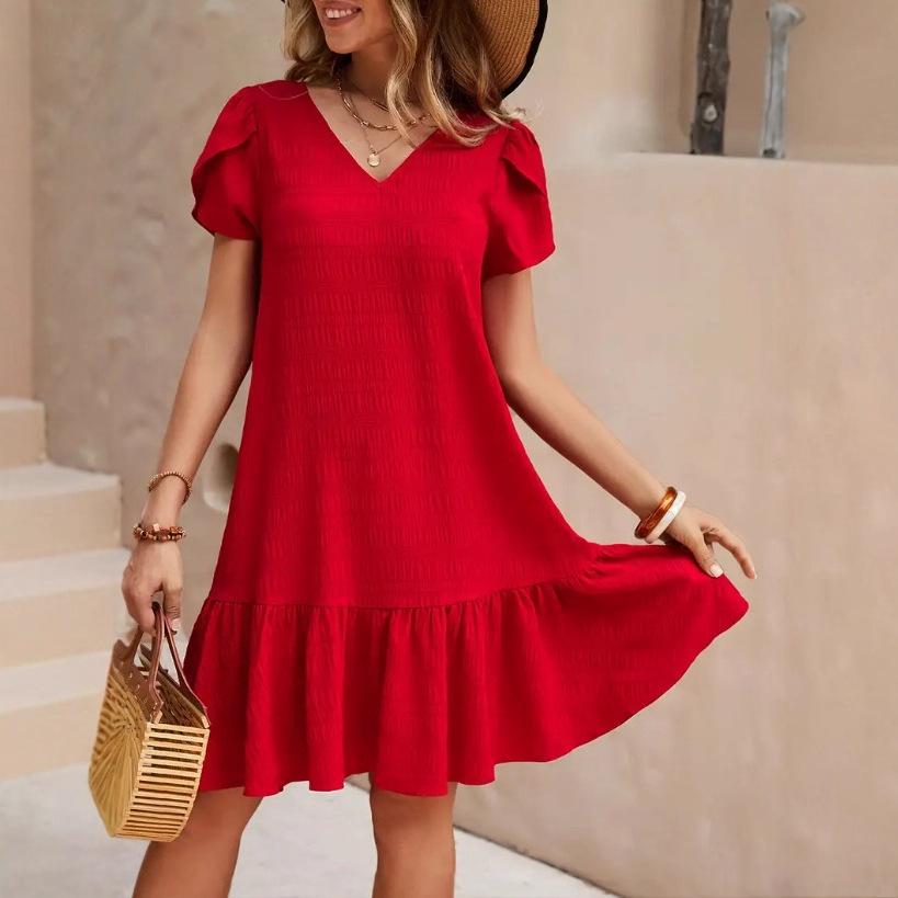 V-Neck Solid Color Loose Casual Short-Sleeved Dress