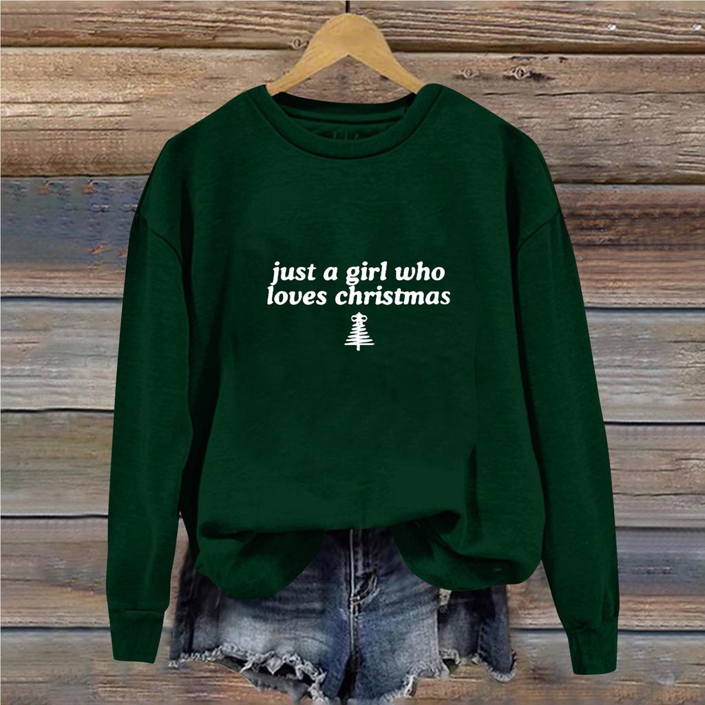 Women's Casual Loose Solid Color Christmas Letter Printed Round Neck Long Sleeved Sweatshirt