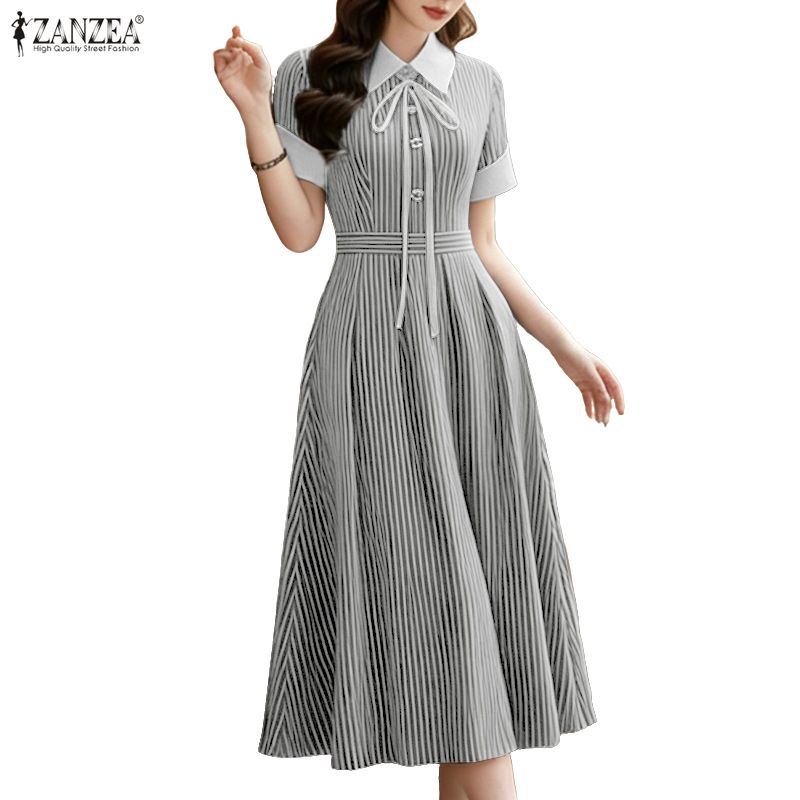 ZANZEA Women Casual Turn Down Collar Summer Short Sleeve Stripe Dress