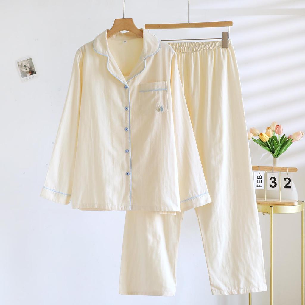 Women's Lightweight Cotton Gauze Pajama Set - Spring/Summer Long Sleeve Cardigan