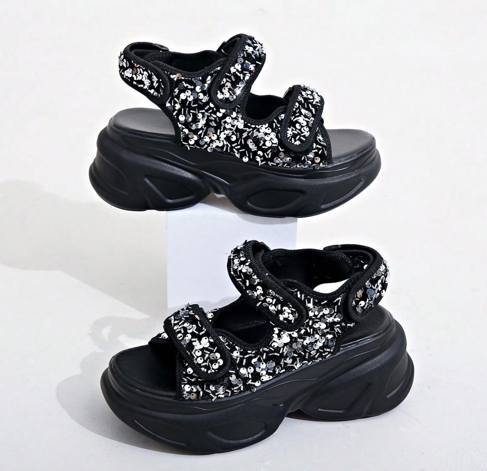 New casual sandals muffin Velcro large size foreign trade platform sandals denim women's shoes