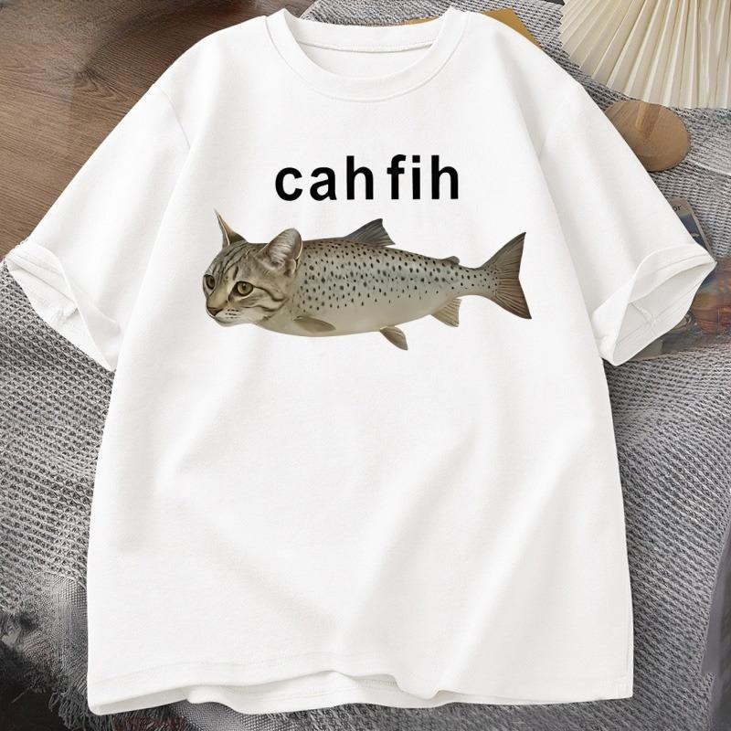 T-shirt Cah Fih T-shirt Fih Poisson Mal Orthographié Mème Poisson Chat et Poisson Graphique Humoristique T-shirt Décontracté Coton Manches Courtes Vêtements Hauts