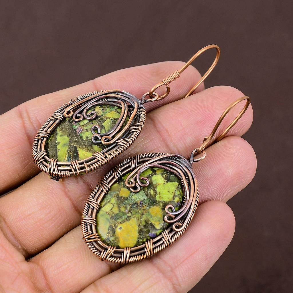 Copper Green Turquoise Handmade Copper Wire Wrap Earring 2.56 w3P53