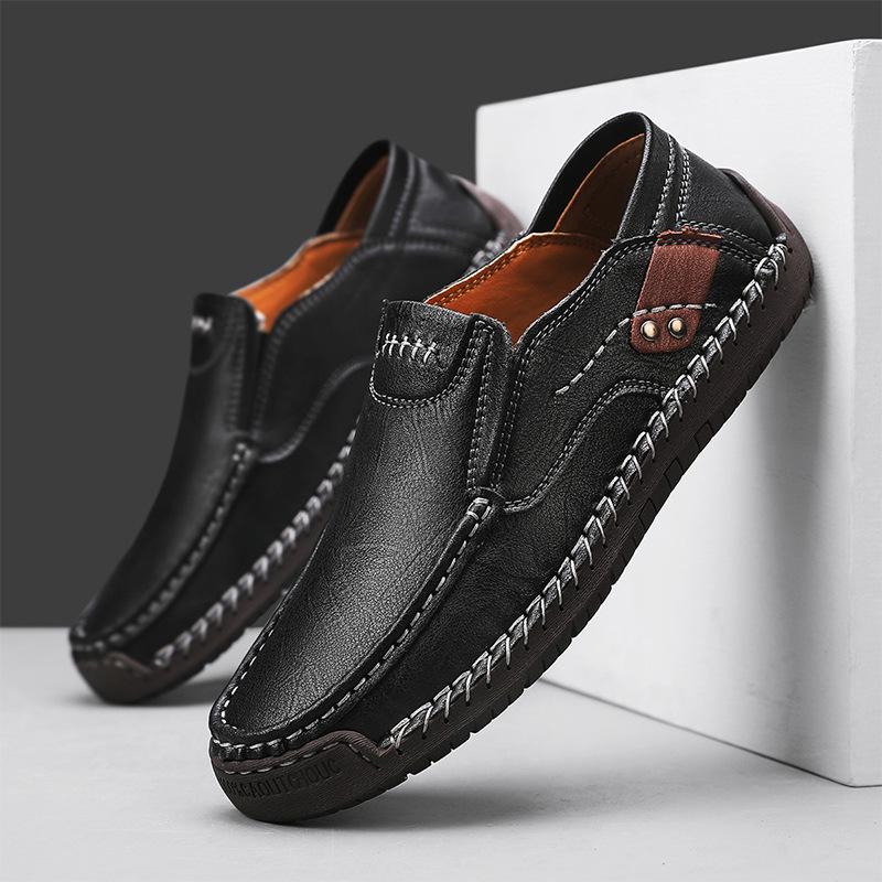 Men's Shoes Outdoor Casual Shoes Flat-soled Handmade Leather Shoes Spring Low-top Large-size Loafer Cowhide Noodles