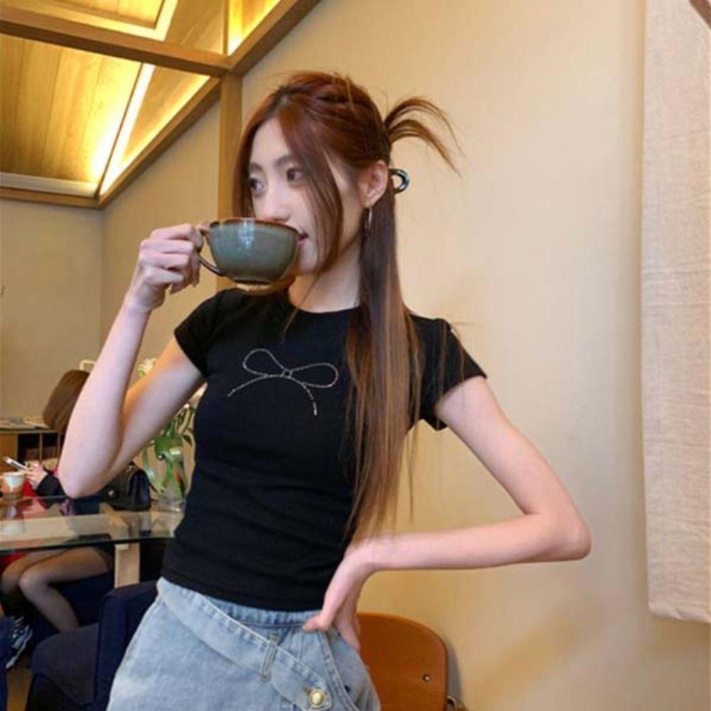 

Short Balletcore Rhinestone Bow T-shirt Round Neck Pullover Short Sleeves Top Fashion Party XXL белый