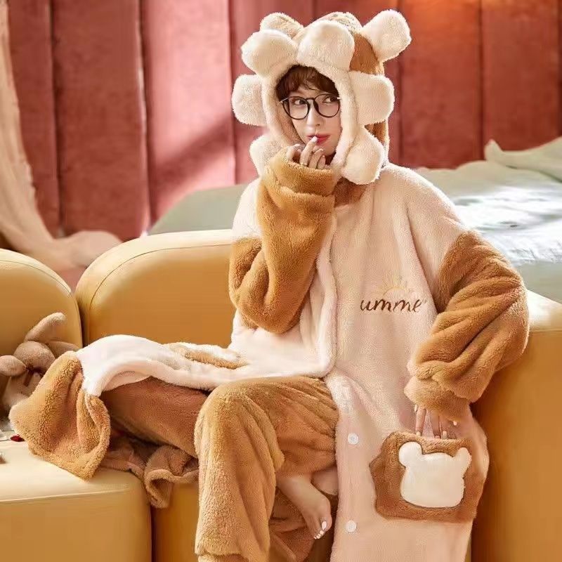 Piżama damska jesień/zima flanelowa polarowa gruba koszula nocna długa śliczna koralowa polarowa odzież domowa może być noszona na zewnątrz wygodna
