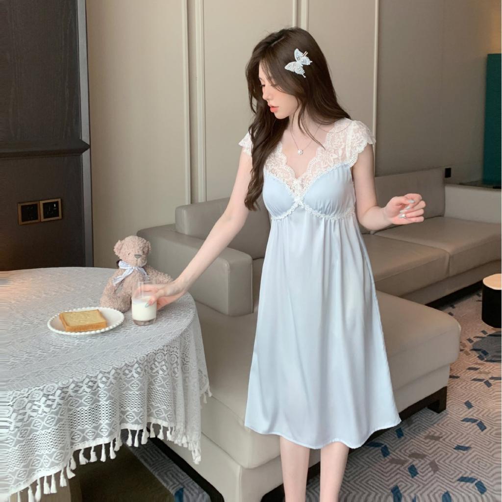 New sexy pajamas women's Ice Ribbon chest pad summer French lace nightdress medium and long loungewear can be crossed
