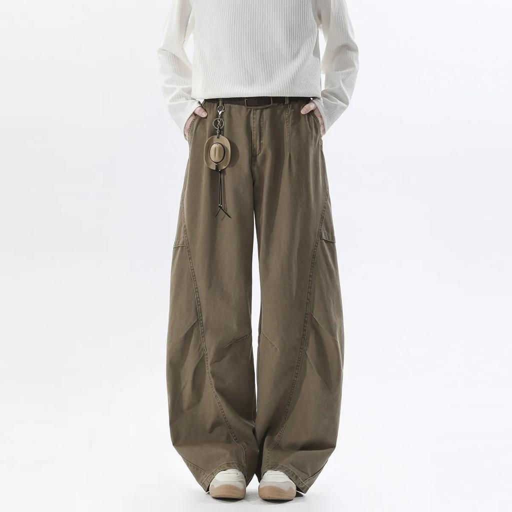 Men Vintage Brown Wide Leg Cargo Pants Men Casual Baggy Trousers Diagonal Stitching Streetwear Fashion Loose Straight Fit Pants