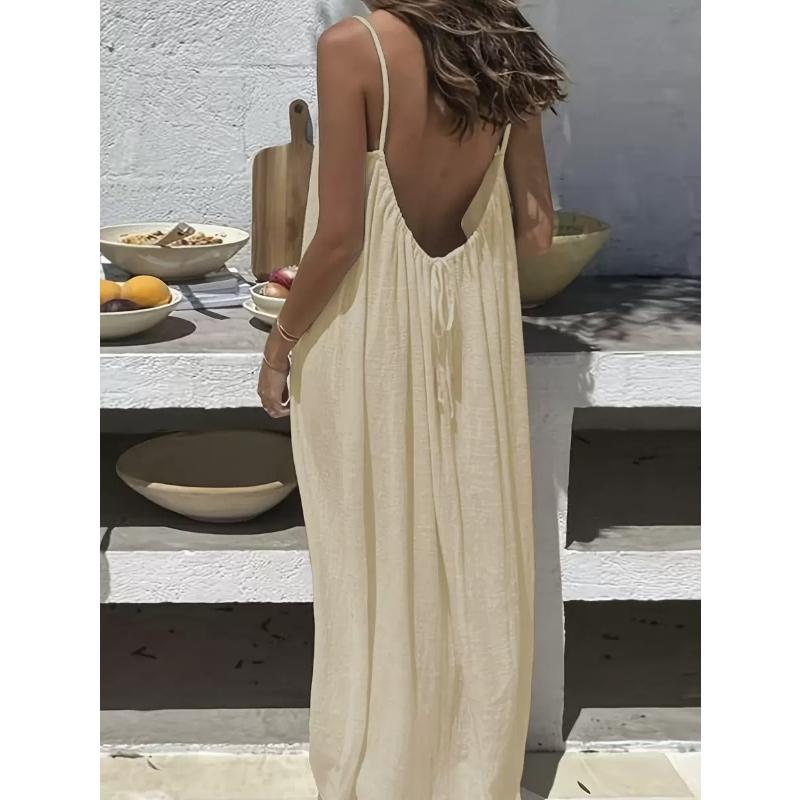 Women's Spaghetti Strap Backless Loose Maxi Dress Casual Sleeveless Beach Vacation Loungewear Long Dress