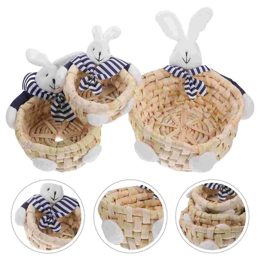 3 Pcs White Basket Rabbit Storage Nesting Bin Straw Sundries Woven Yellow Handmade