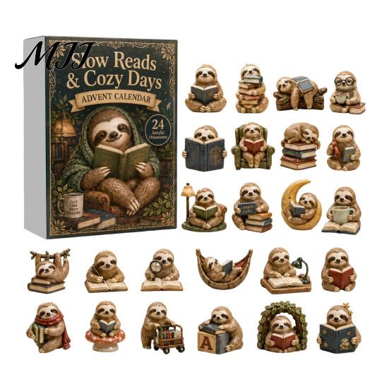Cute Sloth Pendant Set Advent Calendar, 24Pcs Acrylic 2D Ornament Holiday Collectibles with Vintage Warm-Tone Designs, Christmas Tree Hanging