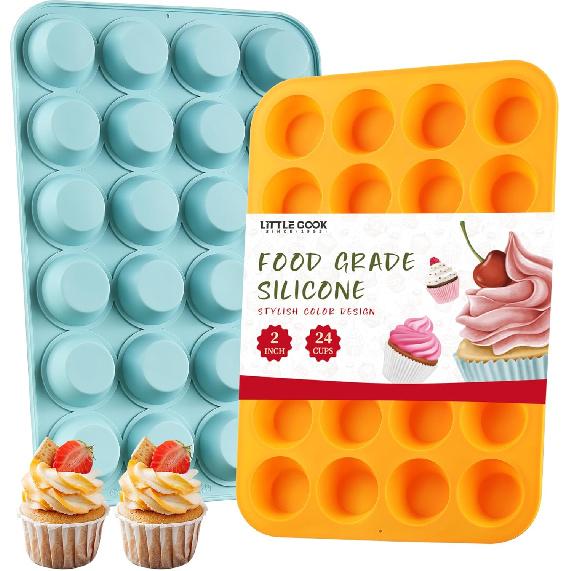 2PCS Silicone Mini Muffin & Cupcake Pan Set, Little Cook 24 Cups Mini Muffin Baking Pan, Non-Stick, BPA Free, Dishwasher Safe, Perfect for Making
