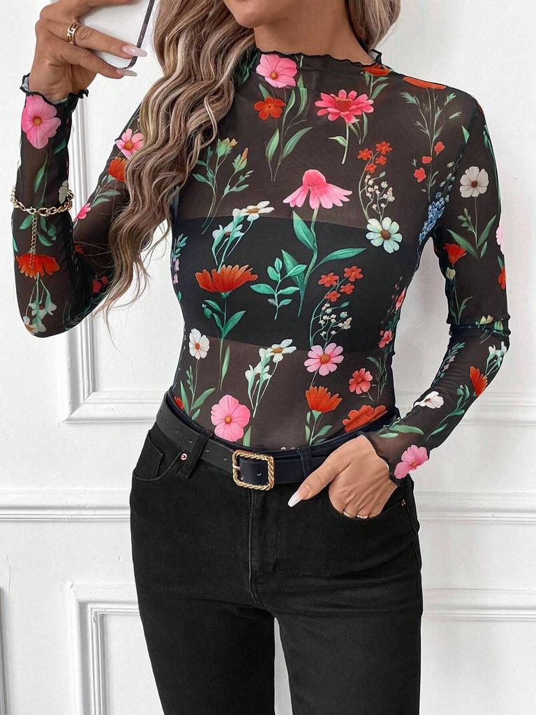 Women's Sexy Leopard Mesh Ruffle Hem Bodysuit T Shirt Top Women Fashion Daily Basic Office Lady Casual Slim Fit Ladies Elegant Women Long Sleeve Top