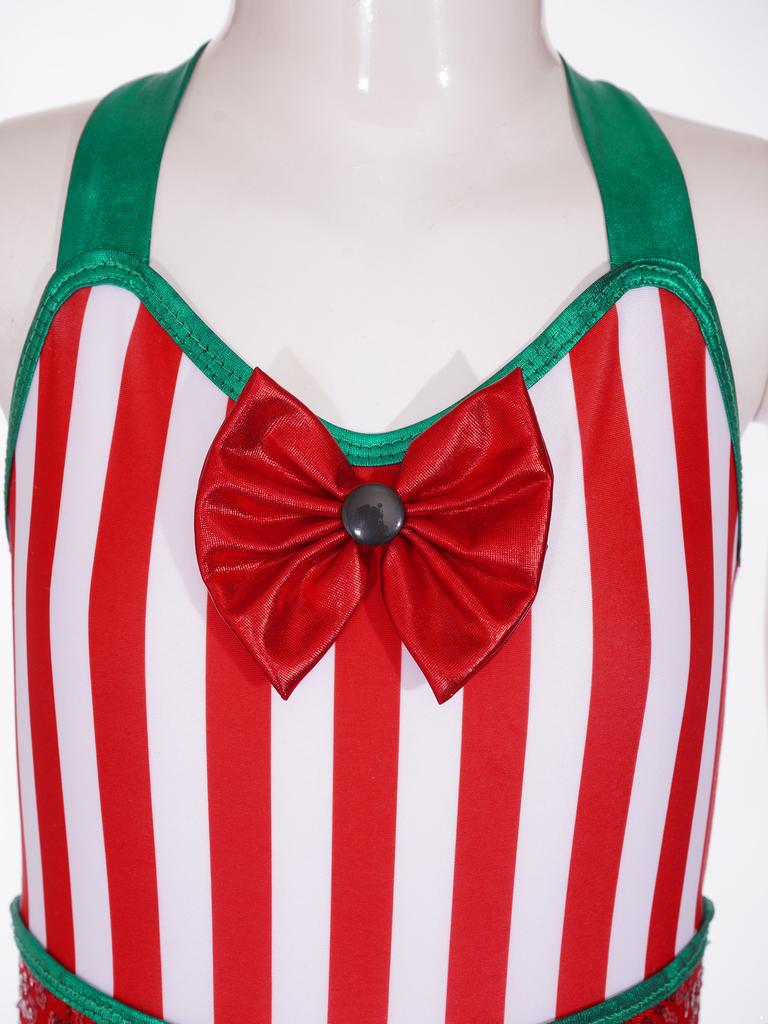 Girls Candy Cane Costume Sleeveless Striped Sequins Bowknot Unitard Christmas Dance Performance Outfit