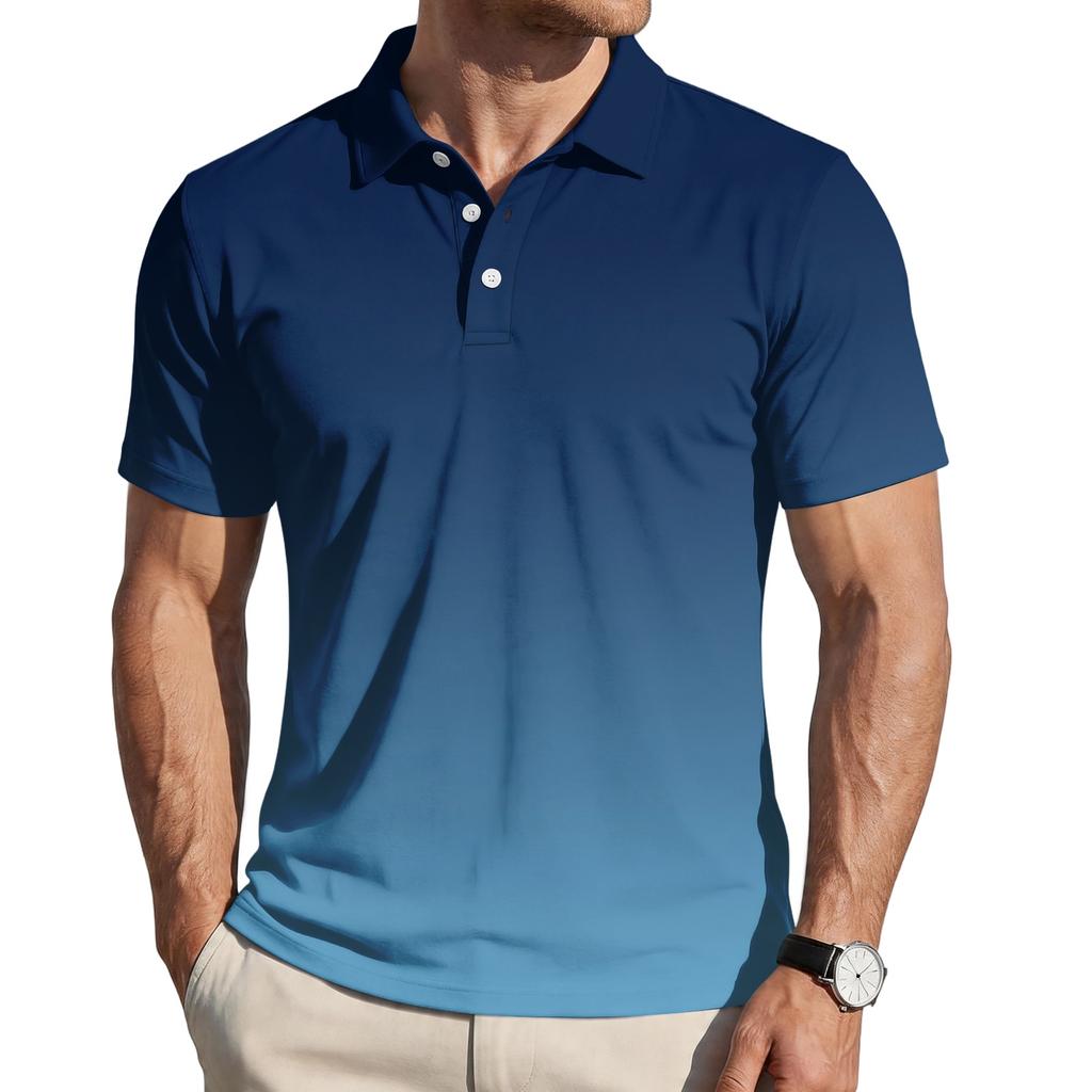 Men’s Loose Fit Casual Gradient Print Short Sleeve Polo Shirt with Turn Down Collar Soft Comfortable Fabric