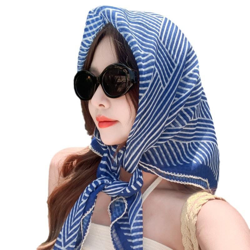 French striped 91 large square scarf cotton and linen silk scarf tube top women's belt summer seaside vacation headscarf sun protection shawl