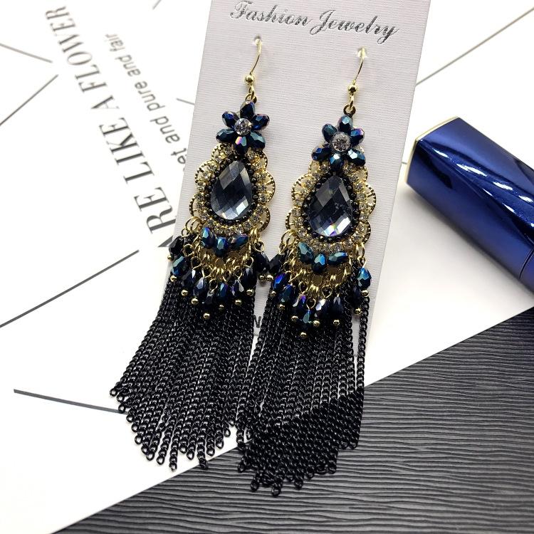 Light Luxury Crystal Diamond Long Earrings, Retro Style Temperament Fringed Earrings, Versatile Stud Earrings with Accessories