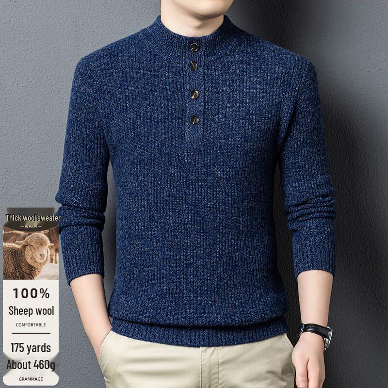 

Fengxun Men s 100% Pure Wool Thickened Warm Mock Neck Button Sweater 2XL