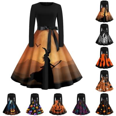 Women's Casual Vintage Halloween Print Round Neck Dress for Festive Party Occasions