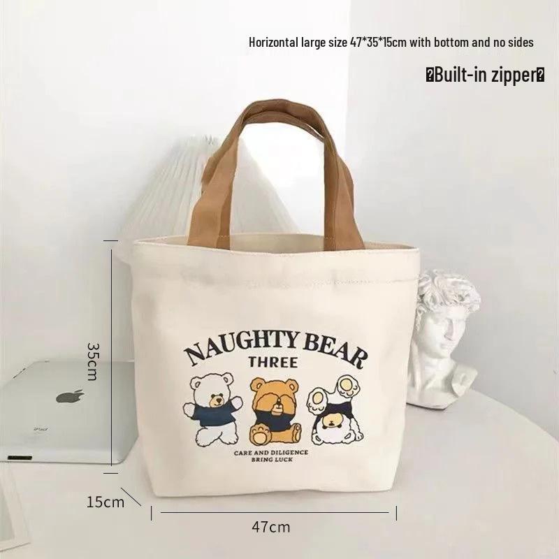 Three Bears Zippered Canvas Tote: Student and Work Portable Book Bag with Creative Design Customization