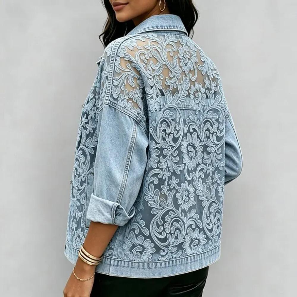 Giacca da Donna in Denim Patchwork Ricamato con Pizzo Floreale Trasparente Manica Lunga Streetwear Casual Capospalla Corto per Primavera Autunno