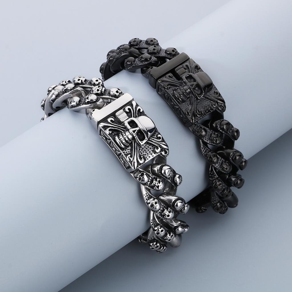 Punk Skull Charm Bracelets For Men Stainless Steel Cuban Chain Men Bangle Bracelet Silver Black Color Skeleton Jewelry