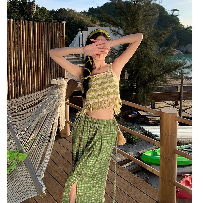 Seaside Wear Suit, Thailand Sanya Vacation Beach Skirt Pants, Bohemian Trousers, Chiffon Wide-leg Trousers, a Complete Set