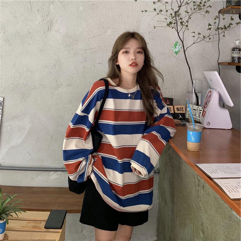 

Korean Style Women s Striped Loose T-Shirt, Mid-Length, Long-Sleeved, New Spring/Autumn Trendy Top XL