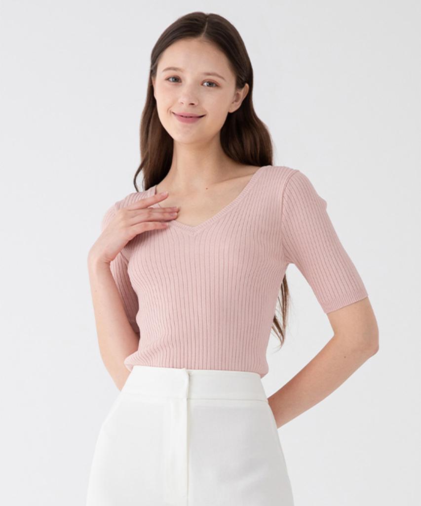 SOUP V-Neck Slim Crop Sleeve Knit (Oy5Skc1)