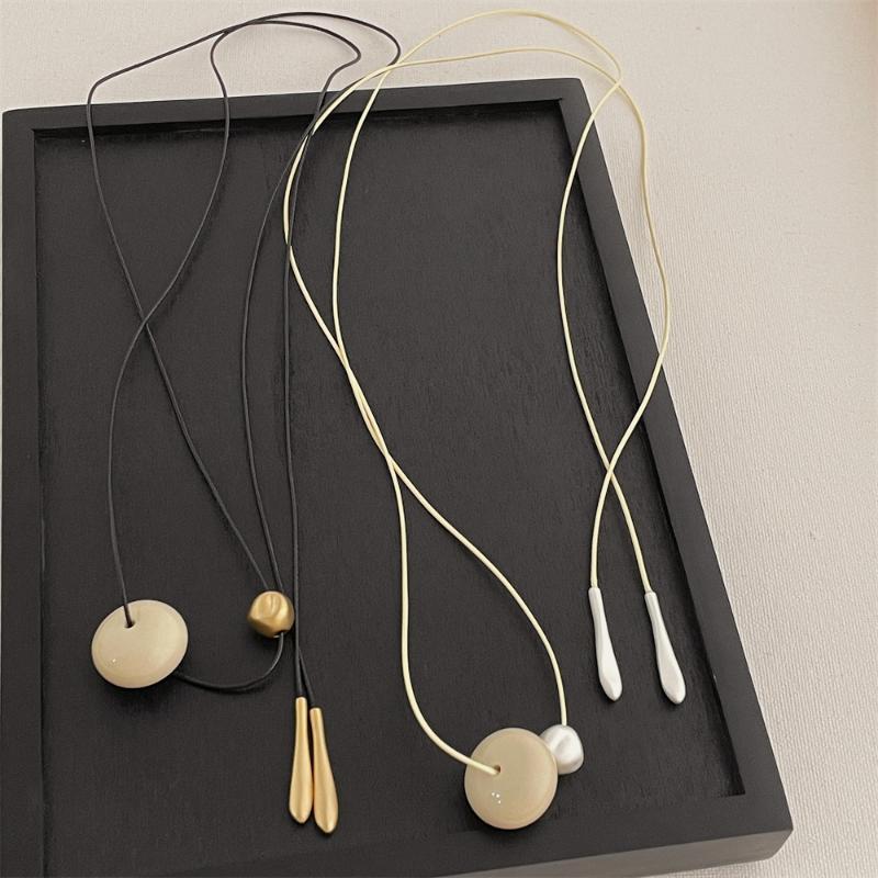 Retro Metal Resin Ball Pendant Necklace For Women Long Adjustable Black Rope Sweater Chain Choker Jewelry