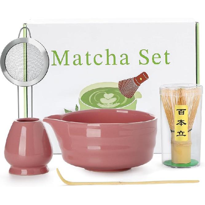 Matcha Whisk Set - 5PCS Matcha Set Includes 17OZ Chawan with Spout, Bamboo Chasen Whisk with Ceramic Holder, Mat cha Scoop and Stainless Sifter,
