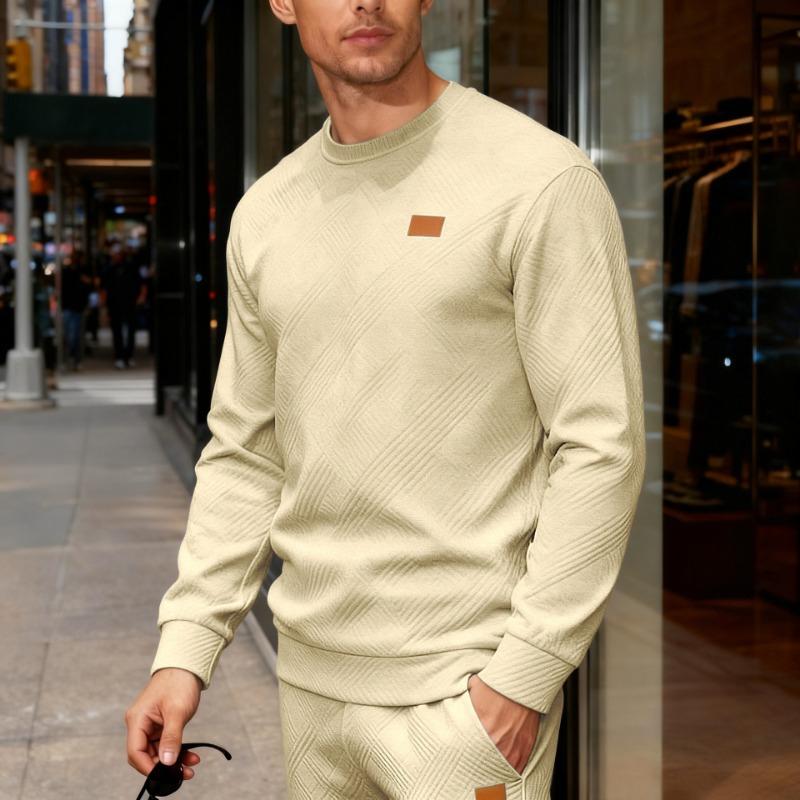 

Men s Light Khaki Textured Crew Neck Sweatshirt Leather Patch Casual Pullover S хакі